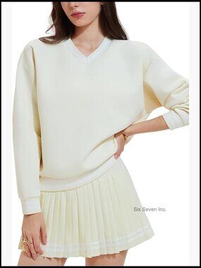 V-Neck Long Sleeve Tennis Skirt Set 2 Piece Golf Outfit Sweater & Skort with